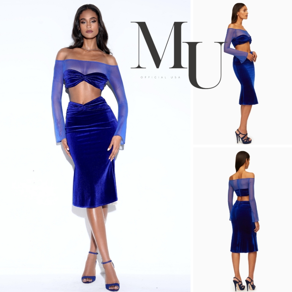 💙Brucie Royal Blue Velvet Mesh Sleeve Crop Top + Betta Velvet Flare Skirt  💙